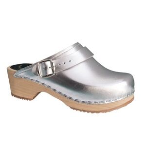 Cape Clogs Sweden Metallic Silver Leather & Wood  Women's Shoes Handcrafted 37